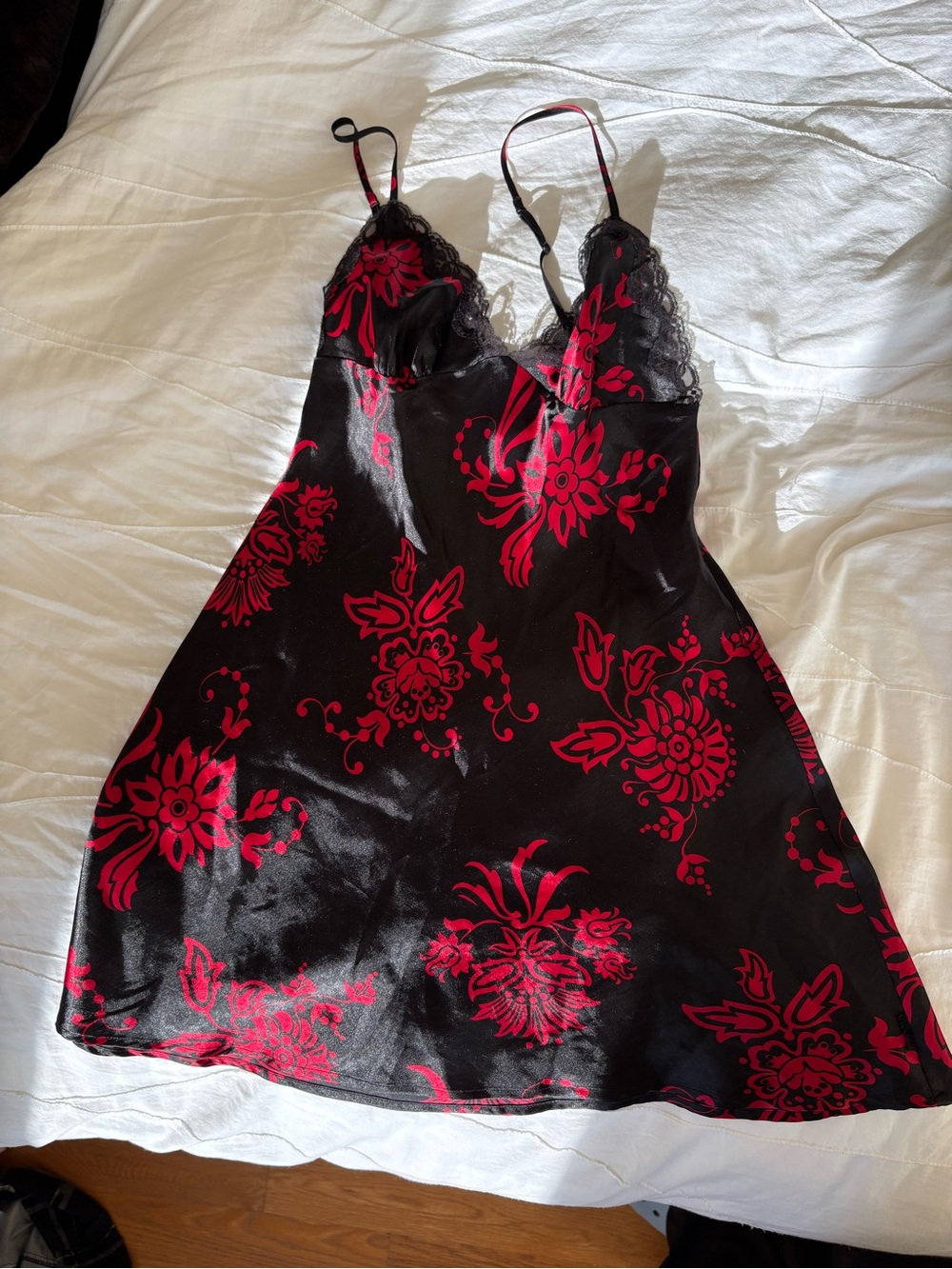 Black Slip night Chemise with Red Floral Accents